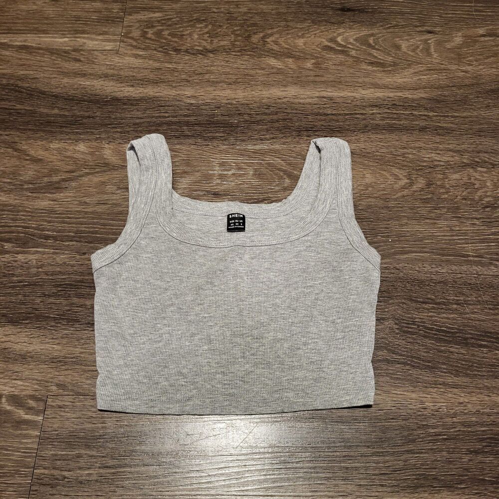 Shein Baby Doll Ribbed Crew Neck Cropped Gray Tank Top Shirt Women's Size XS